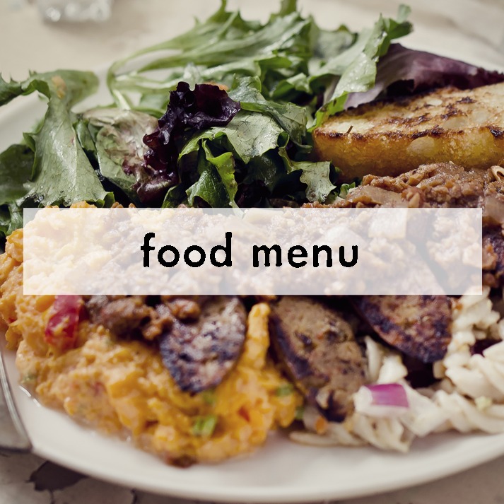 Plate with a colorful salad, grilled bread, and a savory dish topped with vegetables. Overlaid text reads "food menu" in a clear, bold font.