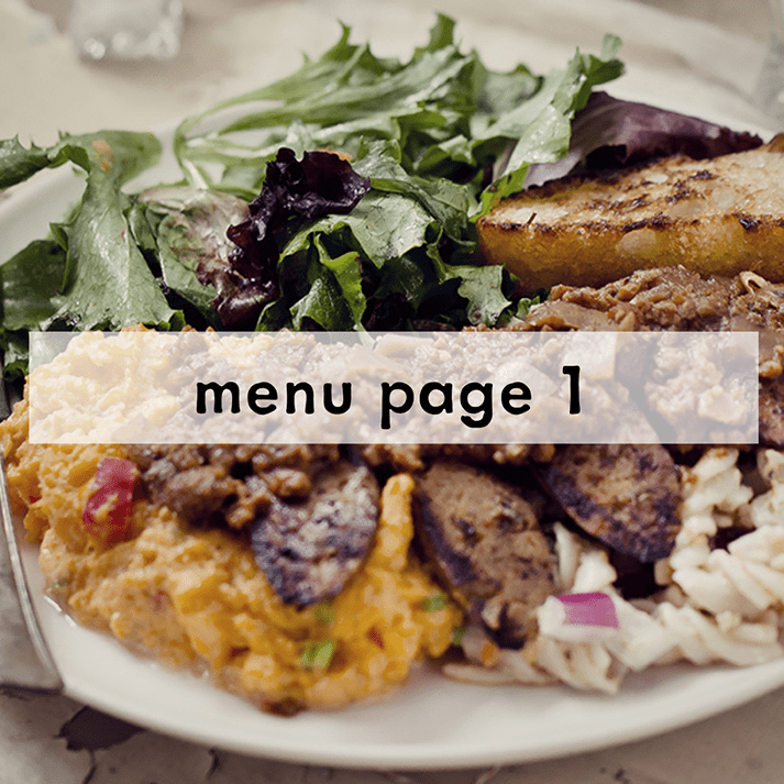 Plate of macaroni salad, yam mash, green salad, vegan sausage and meat sauce on top. Overlay text reads "menu page one."